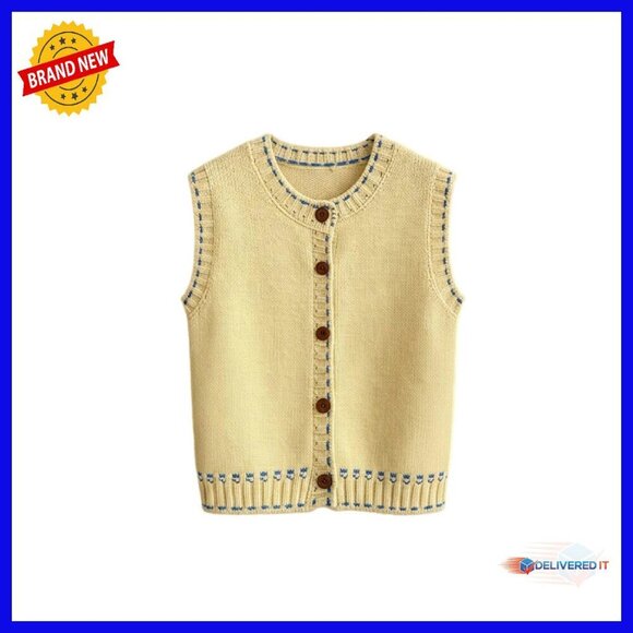 Sweaters - Button Down Sweater Vest Sleeveless Crew Neck Knit Top Casual Fall Outfit